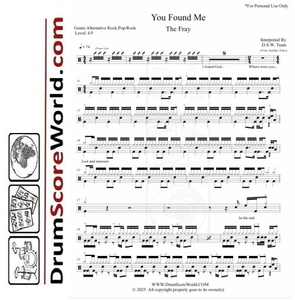 The Fray – You Found Me - Drum Sheet The Fray – You Found Me - Drum Sheet